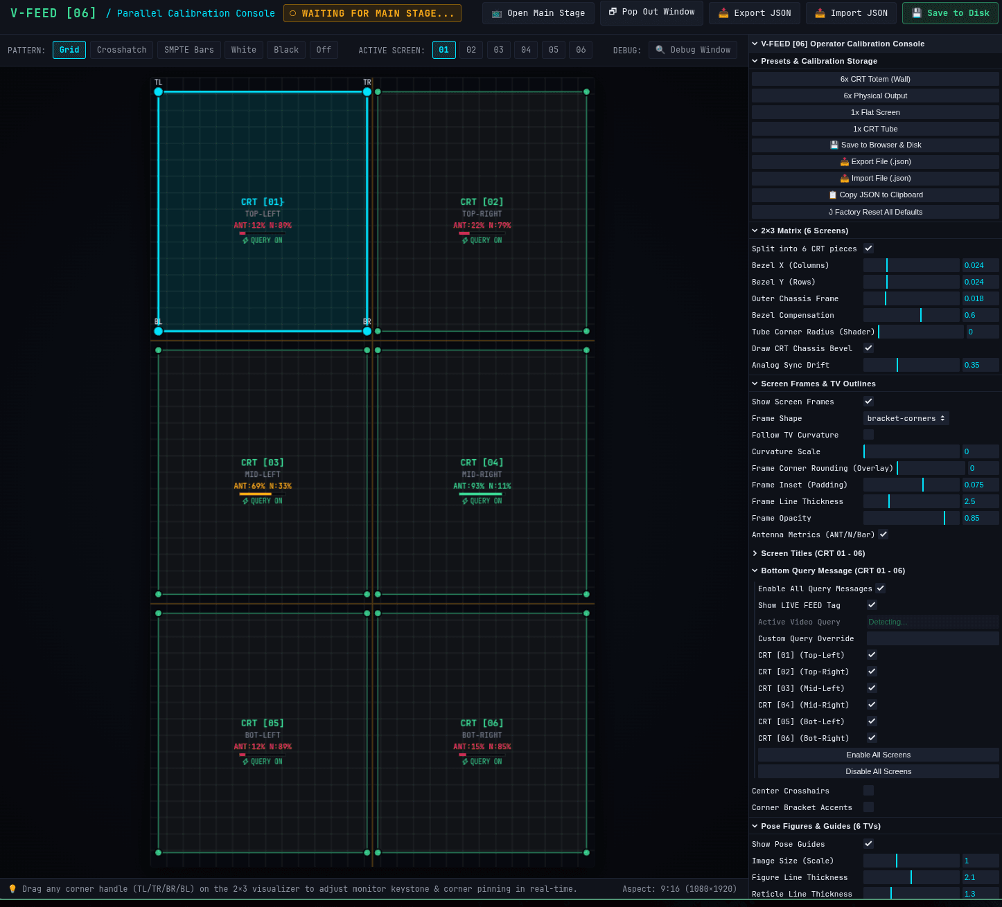 Screenshot of the V-FEED [06] Parallel Calibration Console showing the 2x3 CRT keystone grid visualizer on the left and lil-gui parameter folders on the right
