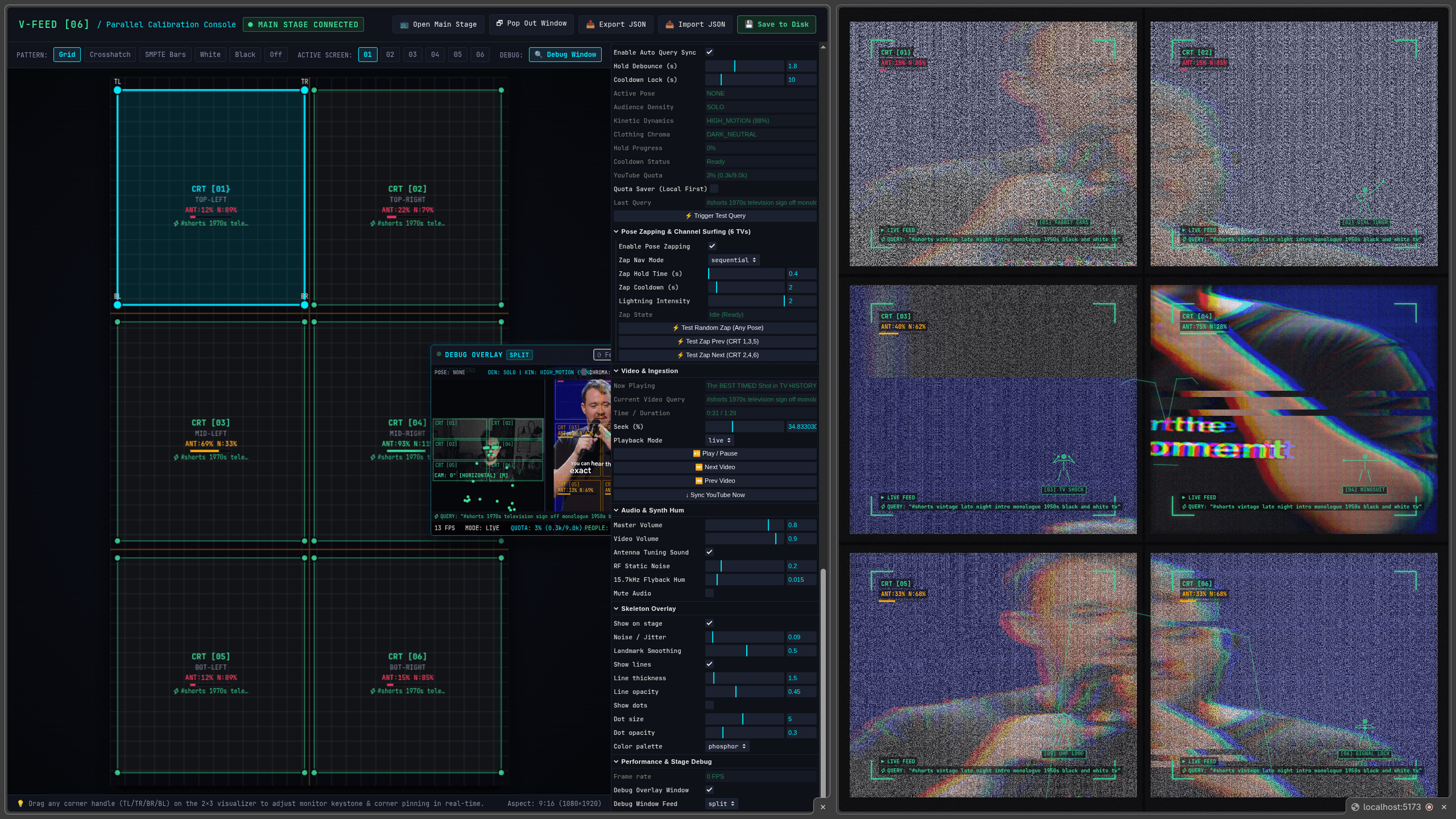 Split-screen view of the V-FEED [06] Calibration Console with live MediaPipe debug overlay on the left and the 6-CRT WebGL shader stage on the right