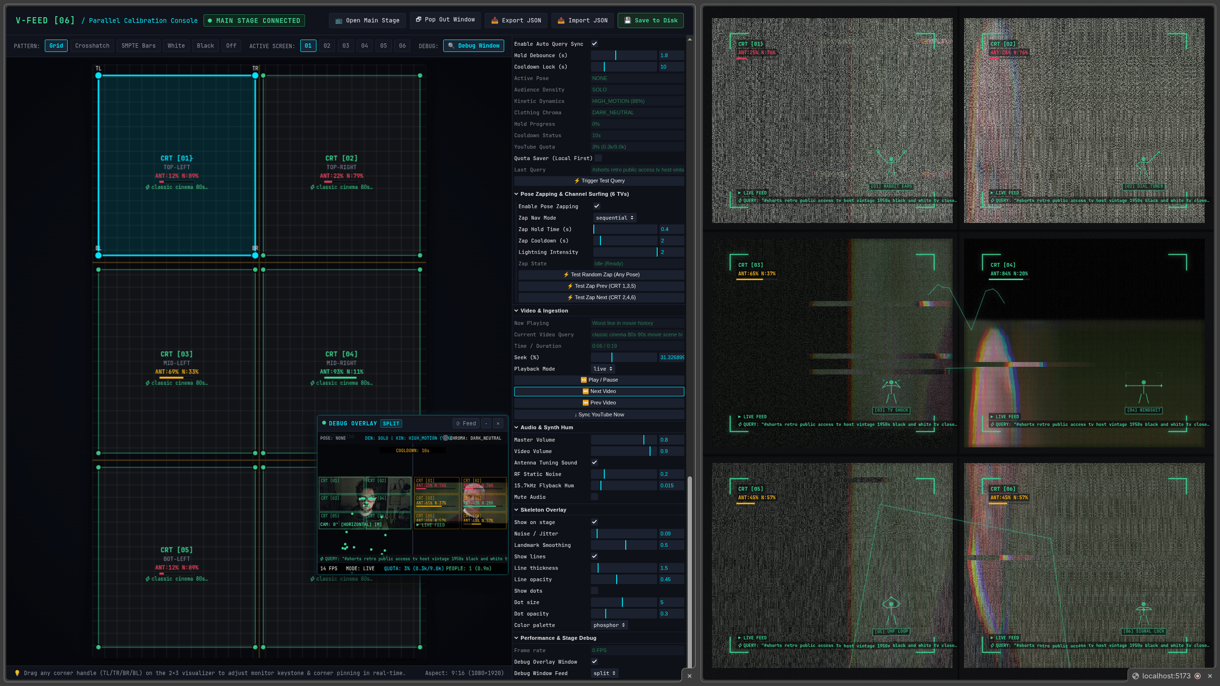 Split-screen capture showing live pose tracking telemetry at 0.9m distance on the left console and phosphor skeleton overlays across the 2x3 CRT matrix on the right
