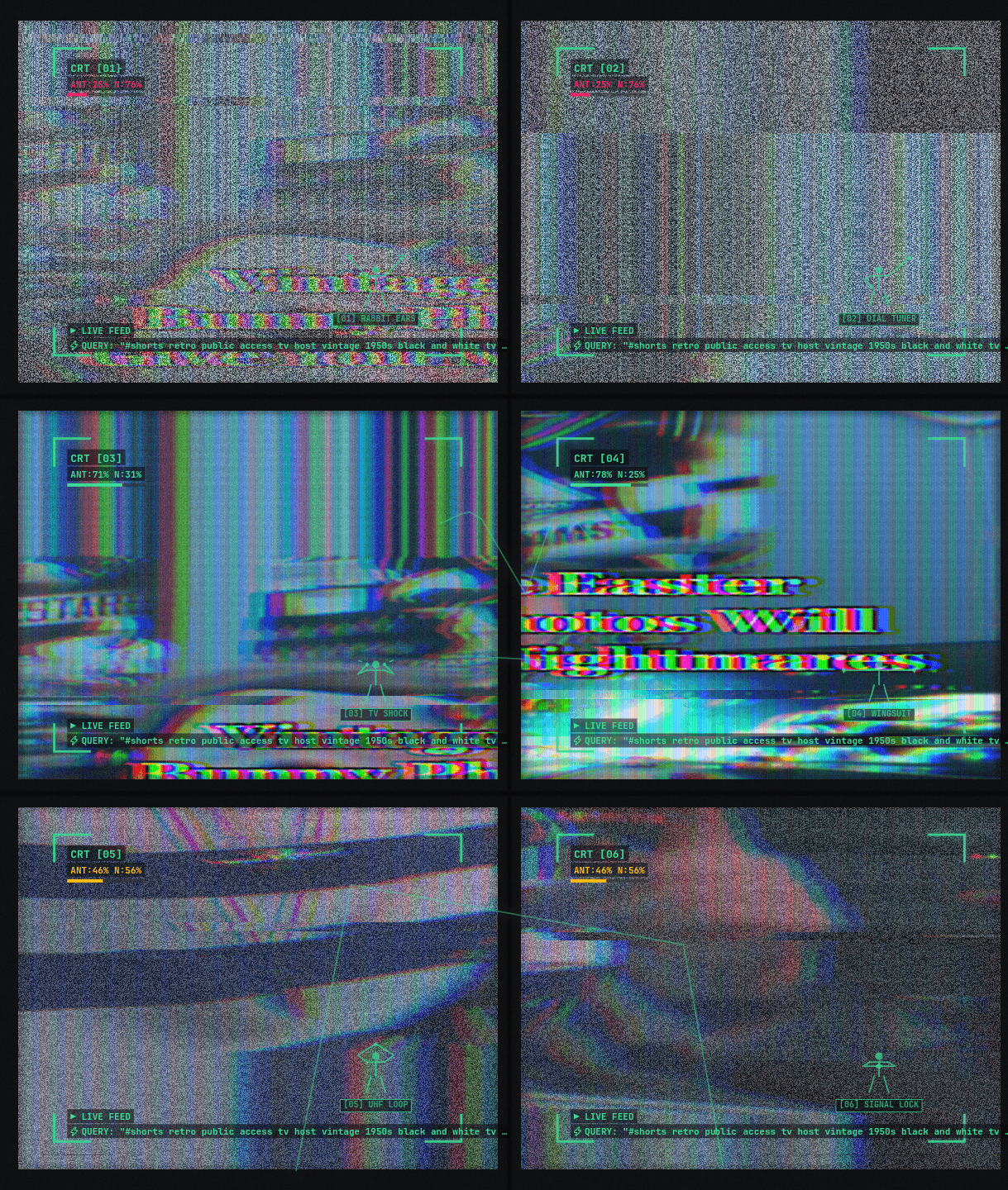 Full vertical 2x3 matrix output of the V-FEED [06] WebGL stage showing chromatic aberration, scanlines, RF static, green phosphor skeleton lines, and pose guide icons